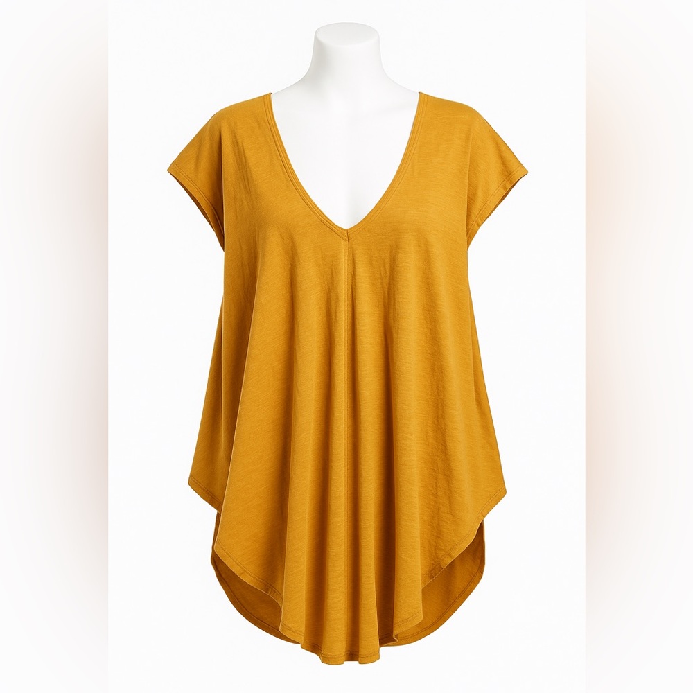 Free People We The Free Mustard Oversized Tunic Top Size L Boho Slouchy V-Neck